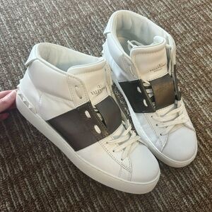 Valentino Leather Rockstud High Top Open Sneakers